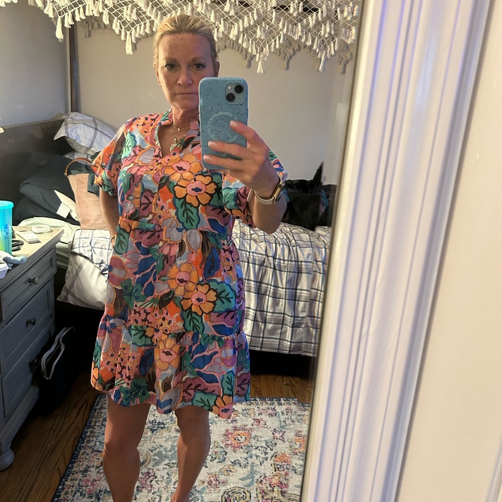 THML Pink and Green Graphic Shift Dress with pockets.